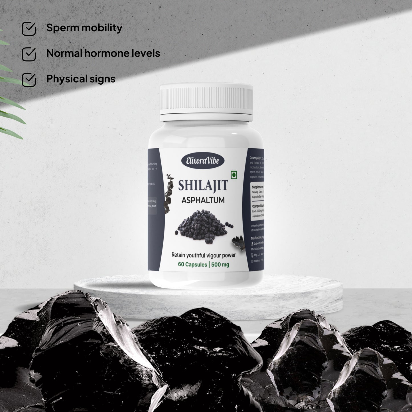 Shilajit (Asphaltum) 500mg – Natural Energy, Stamina & Vitality Booster | Ayurvedic Supplement | 60 Capsule