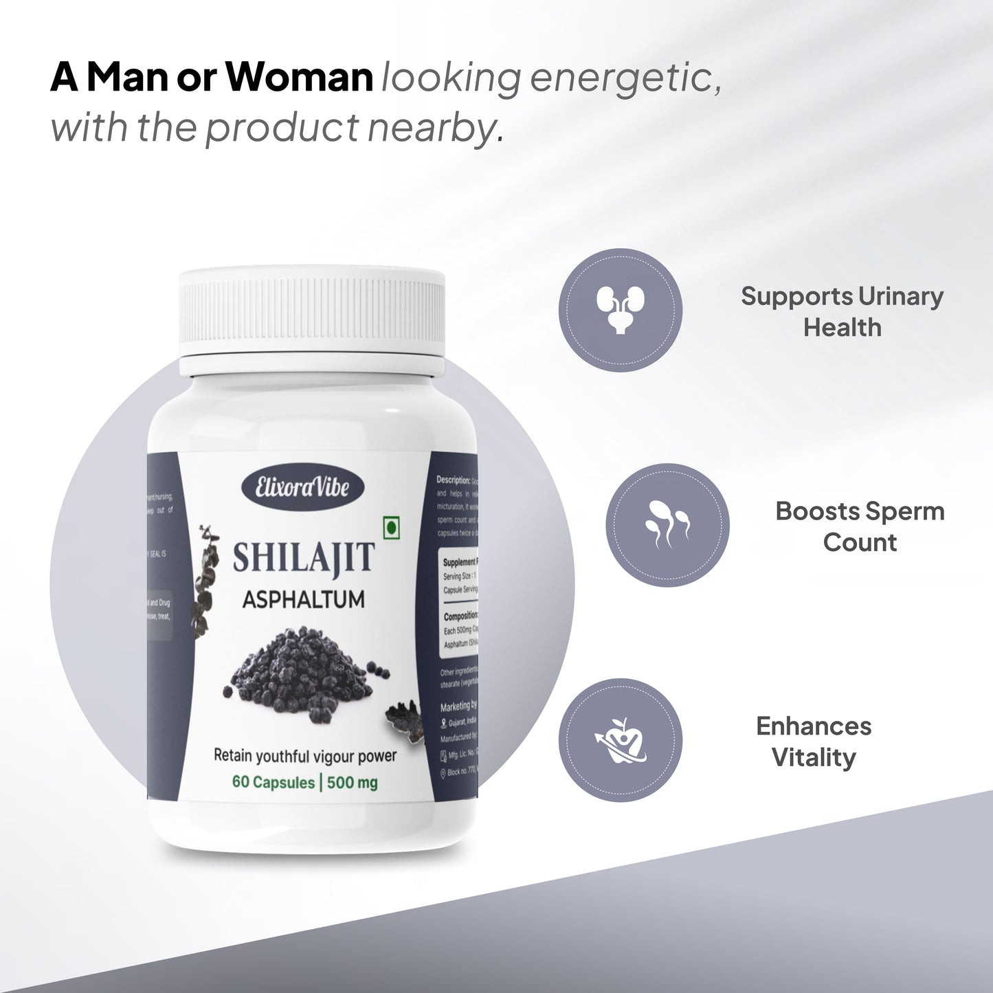 Shilajit (Asphaltum) 500mg – Natural Energy, Stamina & Vitality Booster | Ayurvedic Supplement | 60 Capsule