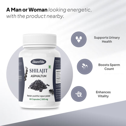 Shilajit (Asphaltum) 500mg – Natural Energy, Stamina & Vitality Booster | Ayurvedic Supplement | 60 Capsule