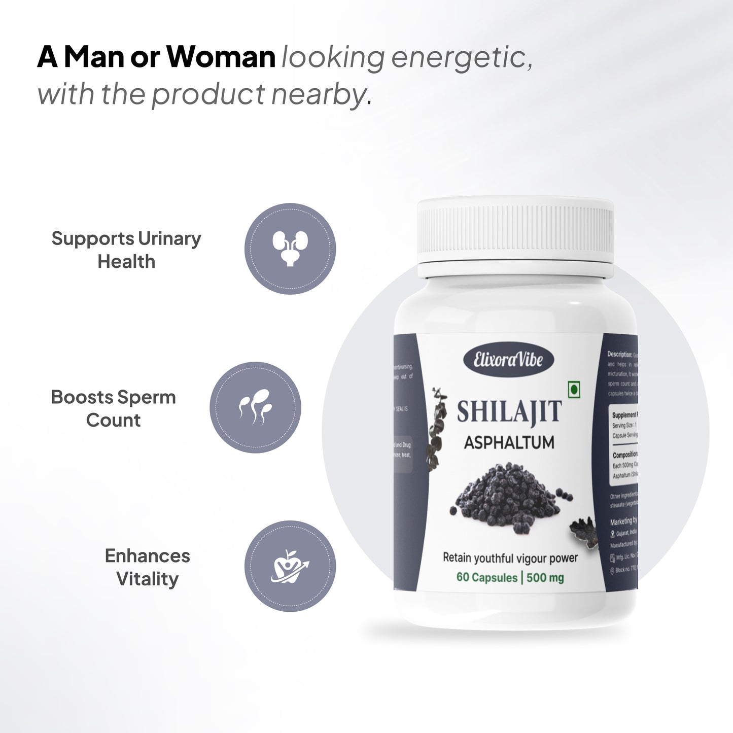 Shilajit (Asphaltum) 500mg – Natural Energy, Stamina & Vitality Booster | Ayurvedic Supplement | 60 Capsule