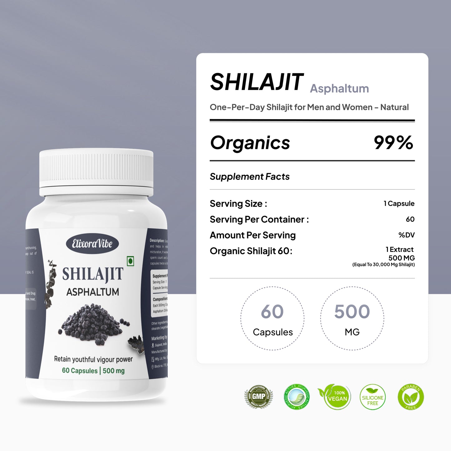 Shilajit (Asphaltum) 500mg – Natural Energy, Stamina & Vitality Booster | Ayurvedic Supplement | 60 Capsule