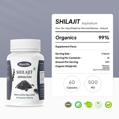 Shilajit (Asphaltum) 500mg – Natural Energy, Stamina & Vitality Booster | Ayurvedic Supplement | 60 Capsule