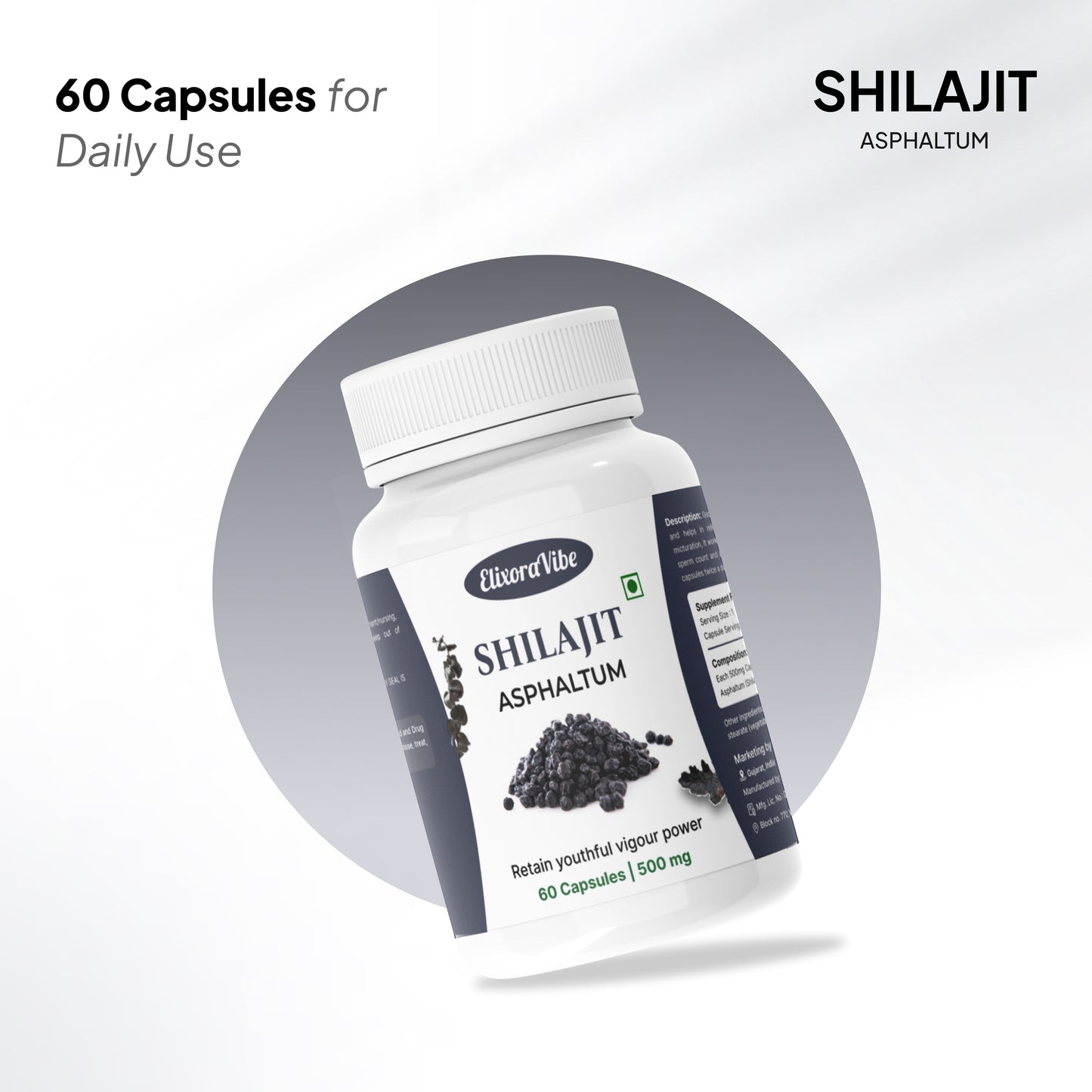 Shilajit (Asphaltum) 500mg – Natural Energy, Stamina & Vitality Booster | Ayurvedic Supplement | 60 Capsule