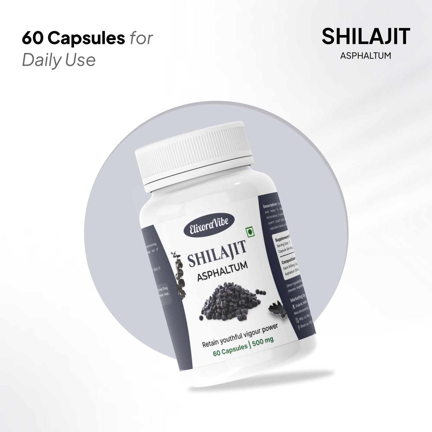 Shilajit (Asphaltum) 500mg – Natural Energy, Stamina & Vitality Booster | Ayurvedic Supplement | 60 Capsule