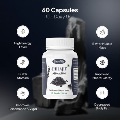 Shilajit (Asphaltum) 500mg – Natural Energy, Stamina & Vitality Booster | Ayurvedic Supplement | 60 Capsule