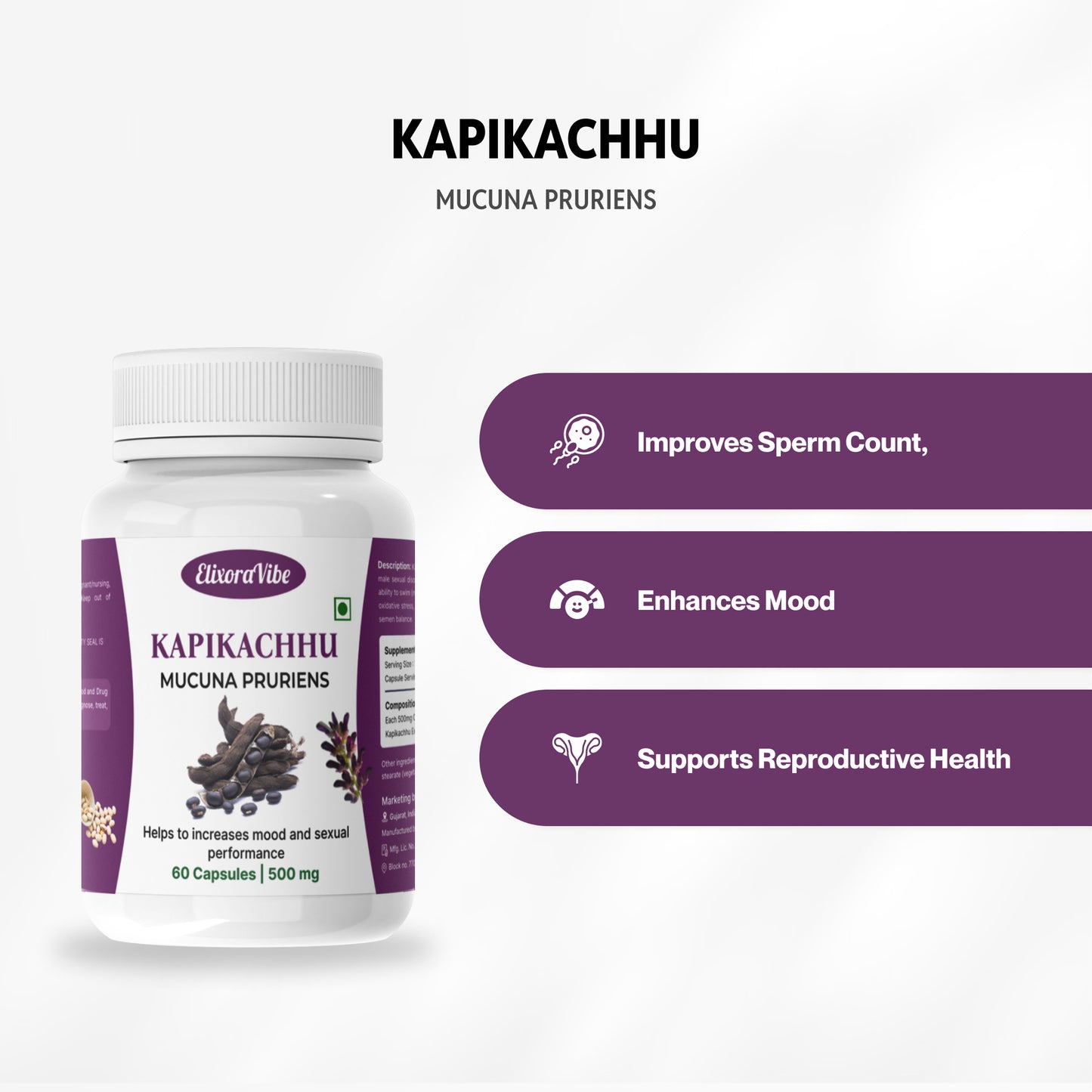 Kapikachhu (Mucuna Pruriens) 500mg – Boosts Vitality, Mood & Reproductive Health | 60 Capsule