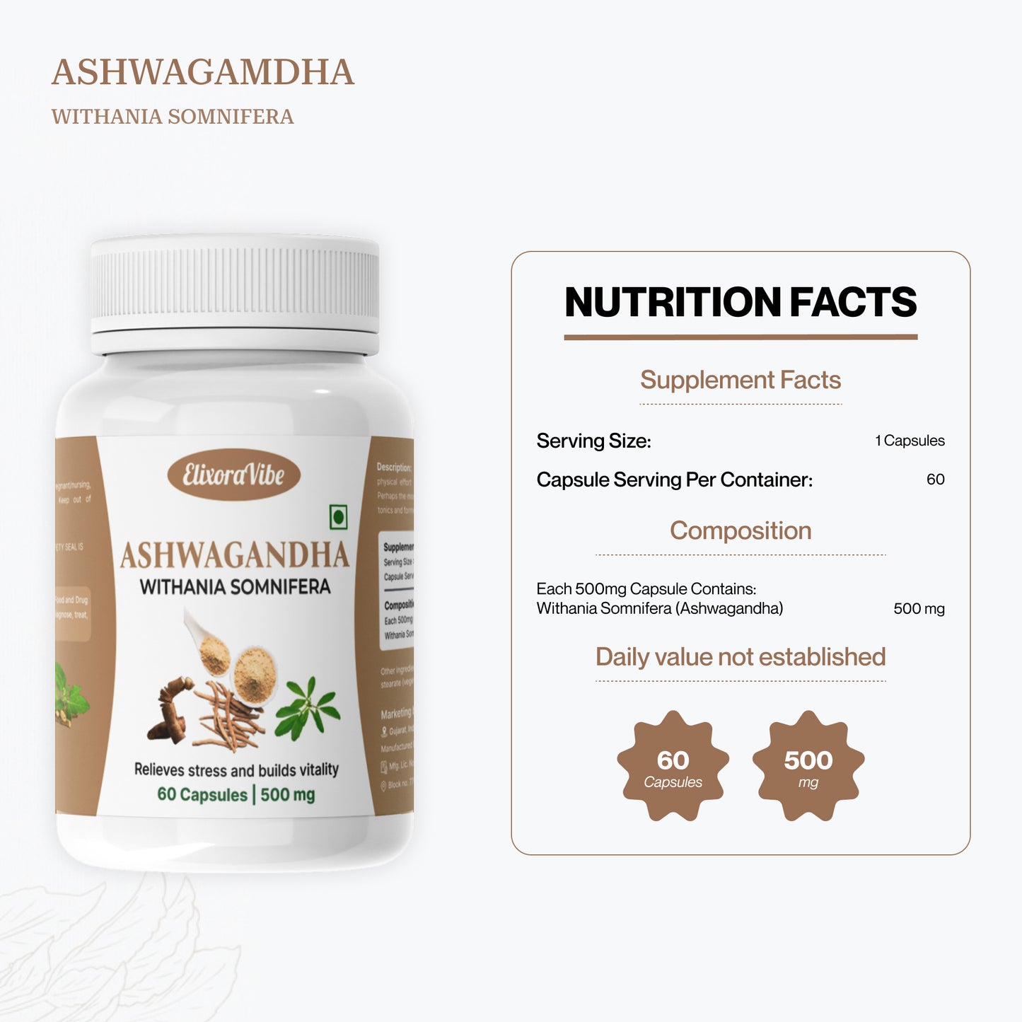 Ashwagandha (Withania Somnifera) 500mg – Natural Stress Relief, Energy & Vitality Booster | 60 Capsule