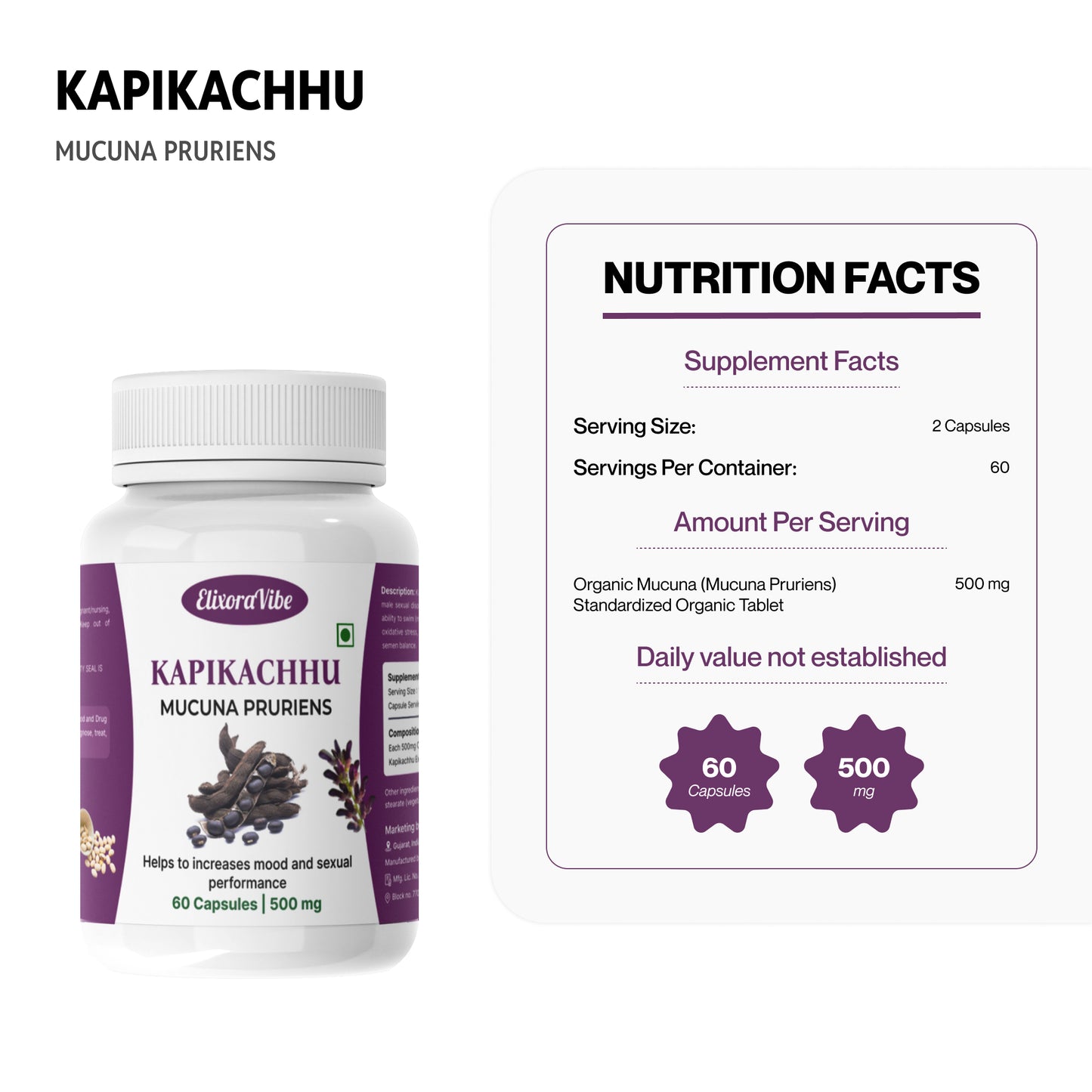 Kapikachhu (Mucuna Pruriens) 500mg – Boosts Vitality, Mood & Reproductive Health | 60 Capsule